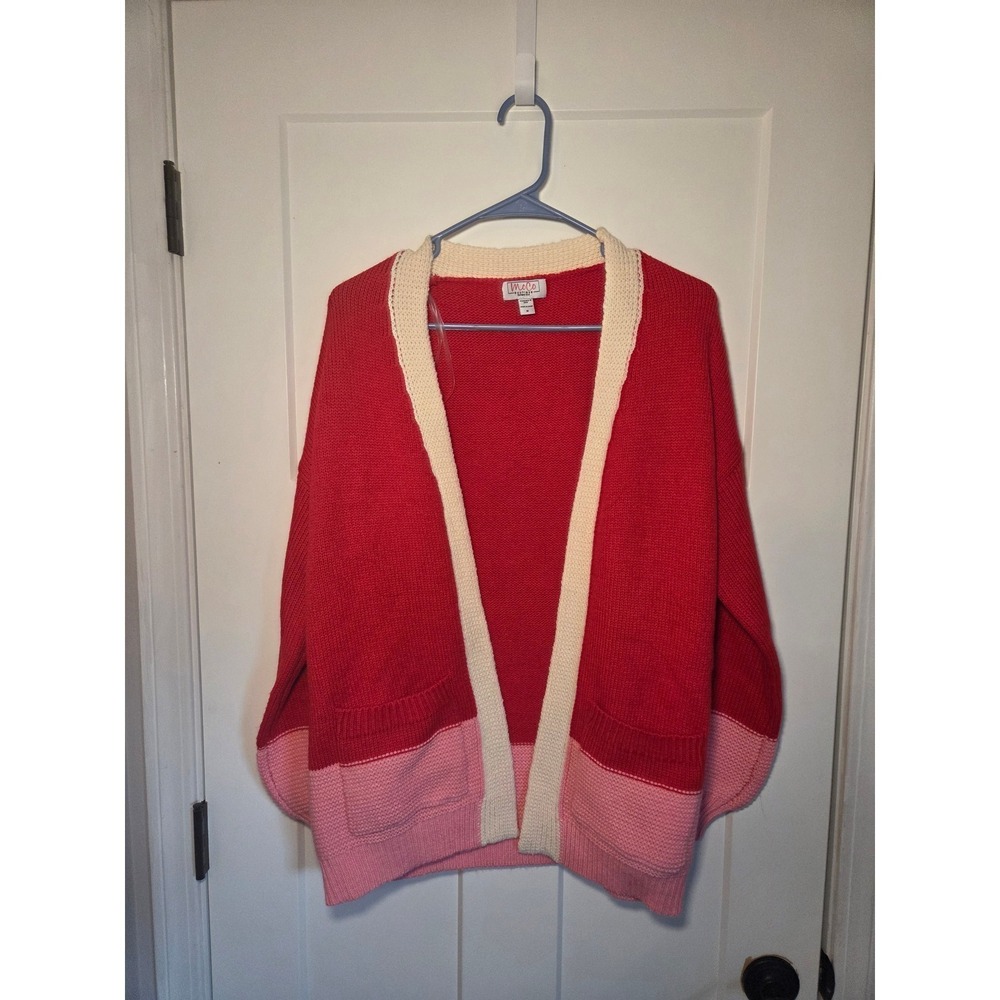 MoCo Boutique Red Pink Colorblock Open Front Cardigan Sweater Pockets Size M